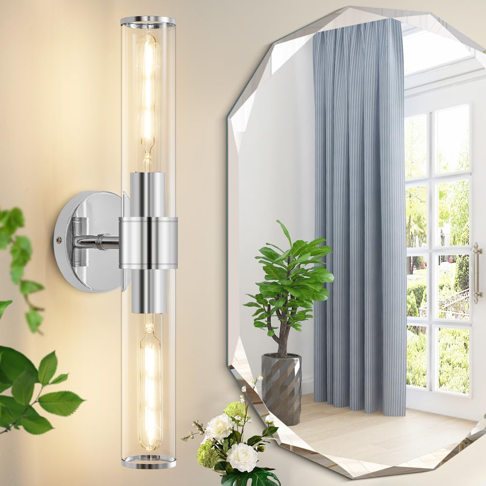 Vaziden Chrome Wall Sconce  Bathroom Light Fixtures In Clear Glass Indoor Wall Sconces  Modern Sconce Wall Lighting Up And Down Vanity Lights Fixtures For Bathroom Living Room - Bulb Not Included