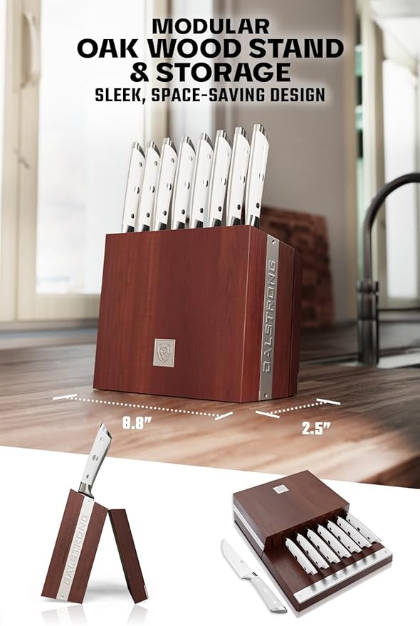 Dalstrong Steak Knife Set with Folding Block - 8 Pc - Gladiator Series - 5" Straight Edge Blade - Forged High-Carbon German Steel - w/Modular Storage Block - Glacial White ABS Handle - NSF Certified