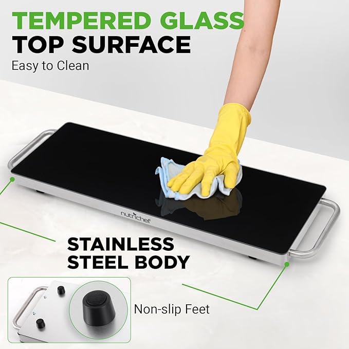 NutriChef Portable Electric Food Hot Plate-Stainless Steel Warming Tray&Dish Warmer with Black Glass Top-Keep Food Warm for Buffets,Restaurants,Parties&Home Dinners-22' x 6'-Heats up to 203°F