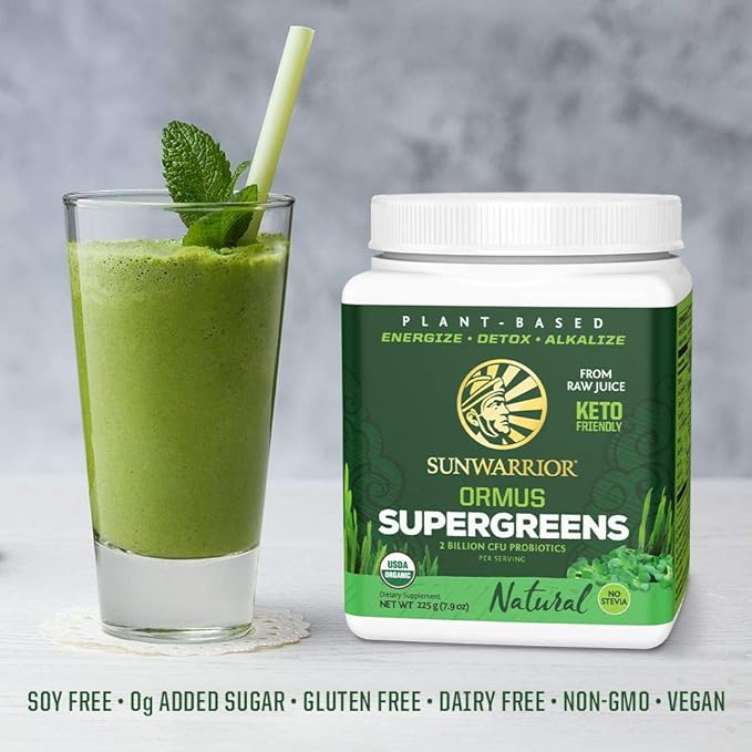 Sunwarrior Vegan Organic Greens Probiotic Powder | 2 Billion CFU Probiotics Organic Raw Juice Soy Free Gluten Free Dairy Free Sugar Free Kosher | Natural 90 Servings | Ormus Supergreens