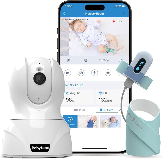 Babytone Baby Monitor - Smart Sleep Sock & 2.5K HD Camera, Track Heart Rate and Movement, Cry/Motion Detect, Two-Way Audio...