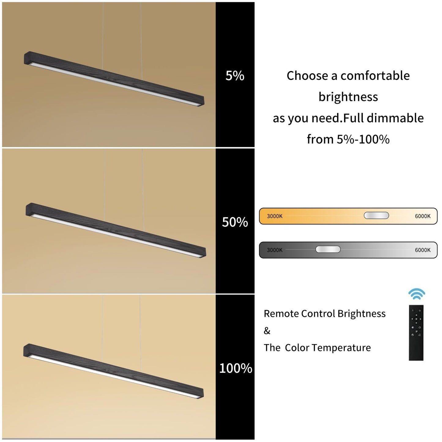 Black Wood Linear Pendant Light - Dimmable Led Chandelier With Remote  Modern Minimalist Lighting For Kitchen Islands  Dining Rooms & Pool Tables (Energy-Efficient 19W)