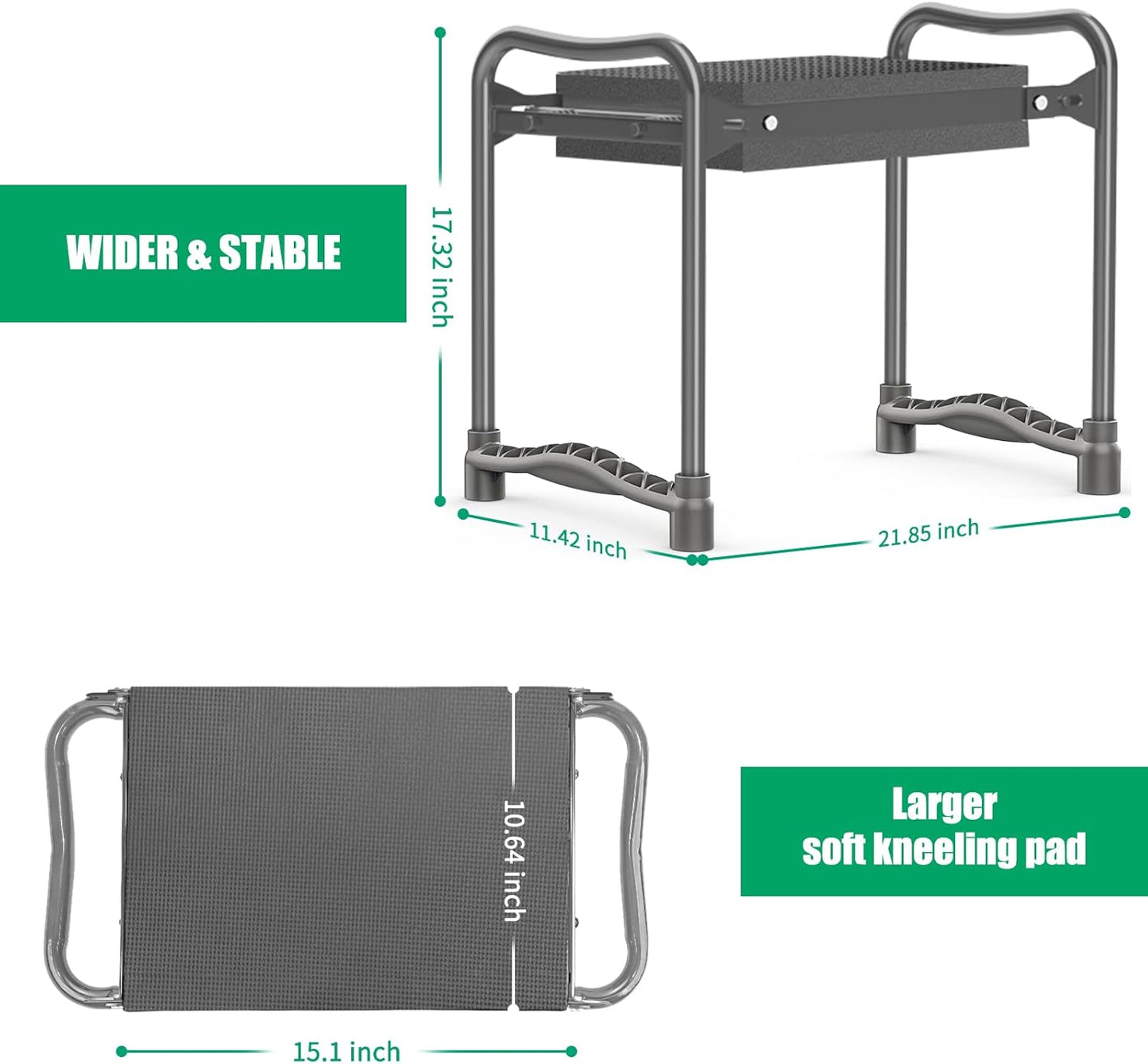 TomCare Garden Kneeler and Seat 10.64” Wider Larger Soft Kneeling Pad Garden Bench with 2 Large Tool Pouches Heavy Duty Garden Stool Foldable Tools Gardening Gifts for Women Men Gardeners,Grey