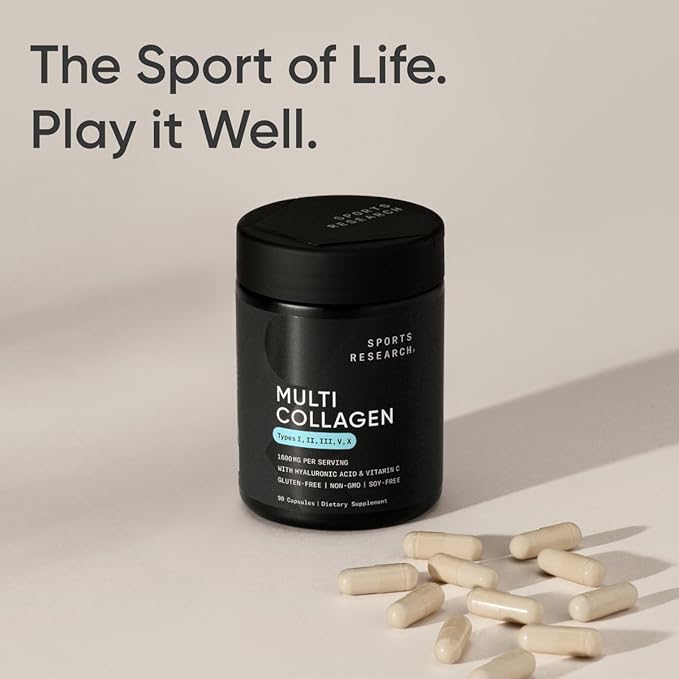 Sports Research Multi Collagen Pills (Type I, II, III, V, X) Hydrolyzed Collagen Peptides with Hyaluronic Acid + Vitamin C | Non-GMO Verified & Gluten Free - 90 Capsules