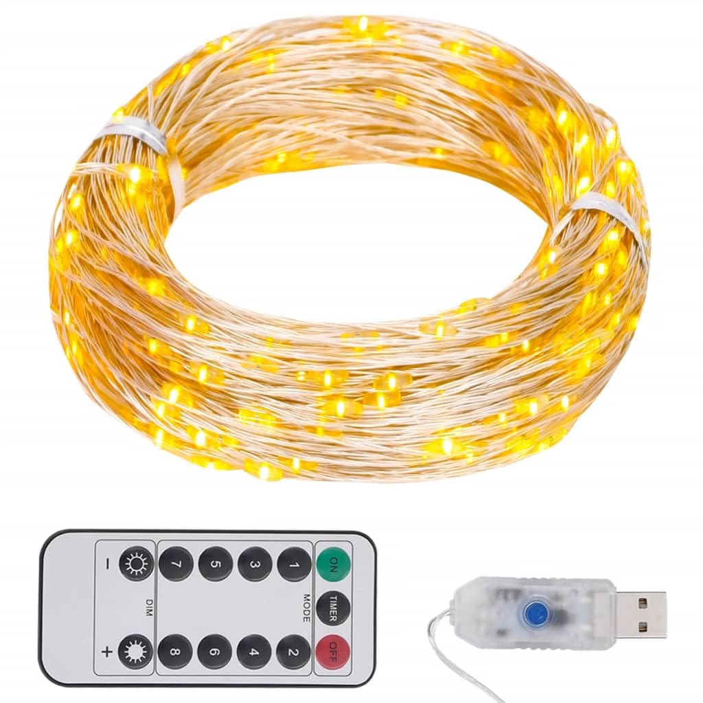 vidaXL LED String Light, 49.2ft Warm White Copper Wire, 8 Modes, Remote Control, Model 330048