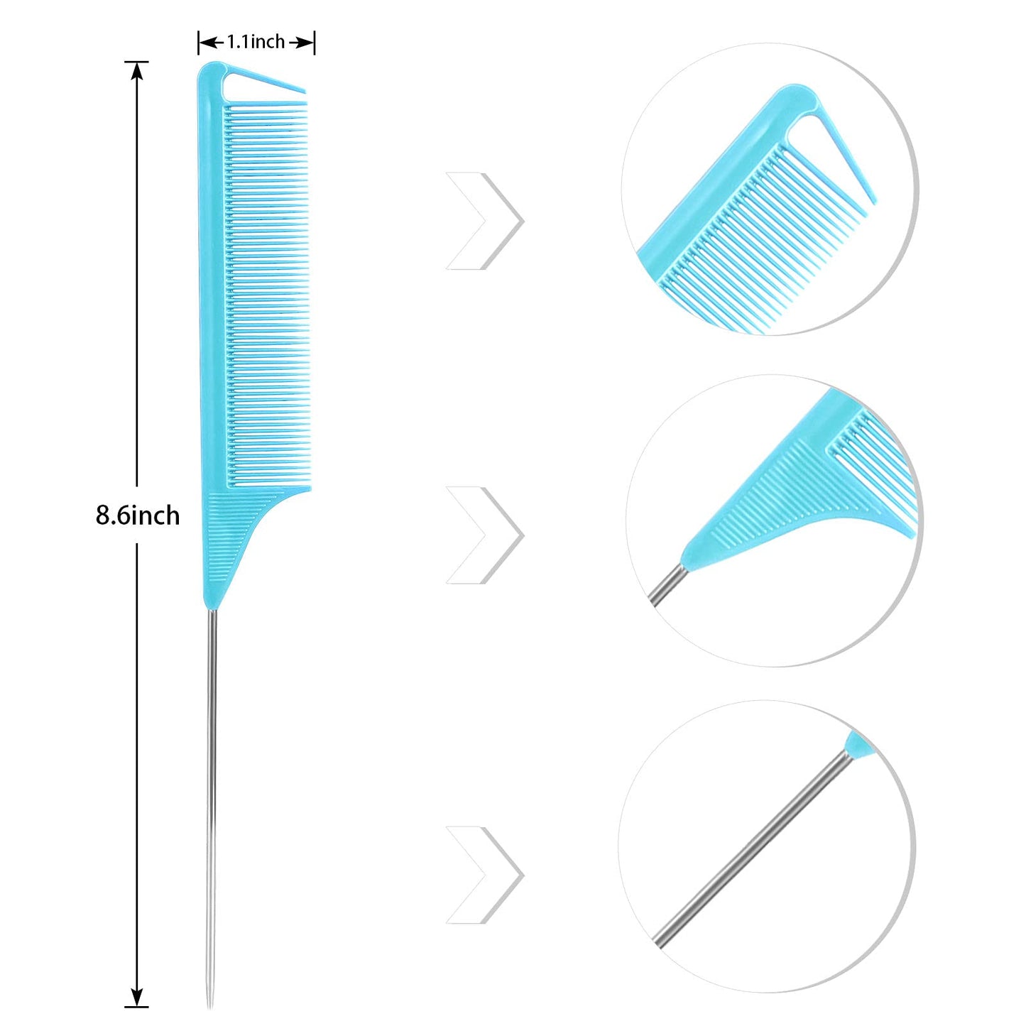 Long Steel Pin Rat Tail Combs Set: 3 Pieces Teasing Hair Combs for Salon Stylists - Includes Metal Parting Combs for Women (Blue