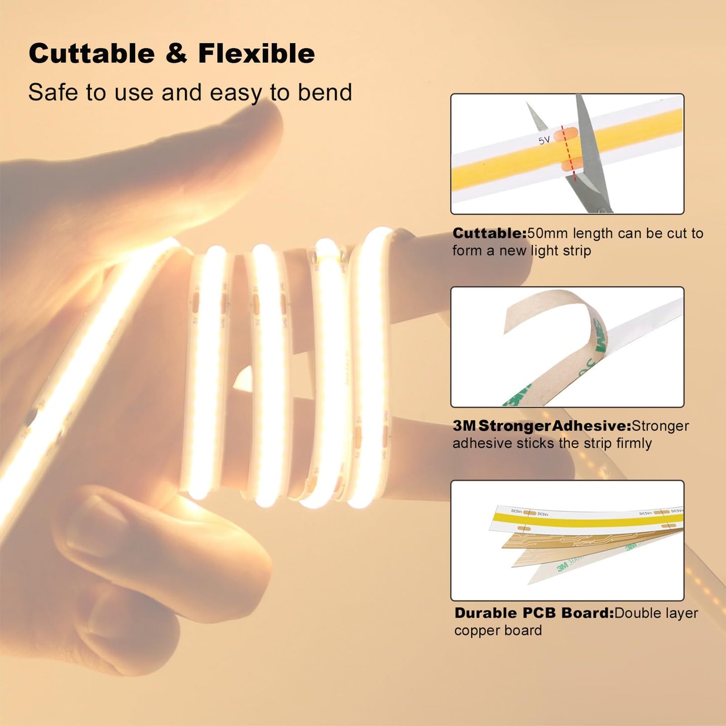 Gxilee Usb Light Strip - Warm White 3000K, 6Ft Cob Led With Dimmer, Model G-3000K-5V2M, Ideal For Tv & Indoor Diy