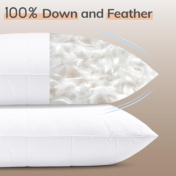 SAVORI Pack of 2 Goose Down Feather Pillows with 100% Cotton Cover, Soft Hotel Bed Pillow for Sleeping, Cooling Pillow for Back, Stomach or Side Sleepers, King Size-White 20x36 Inch