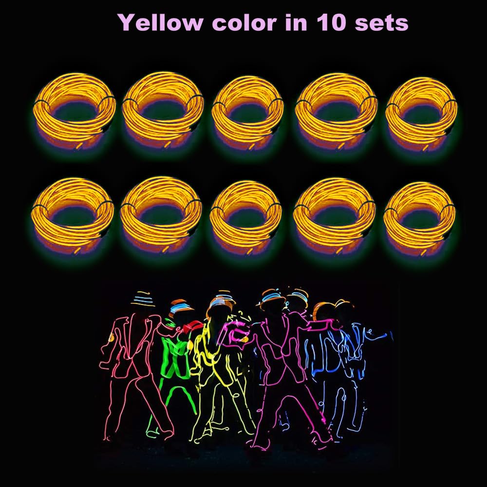 Maxlax El Wire Yellow 10-Pack  16.4Ft/5M Neon Light Wire With Noise Reduction And Battery Pack
