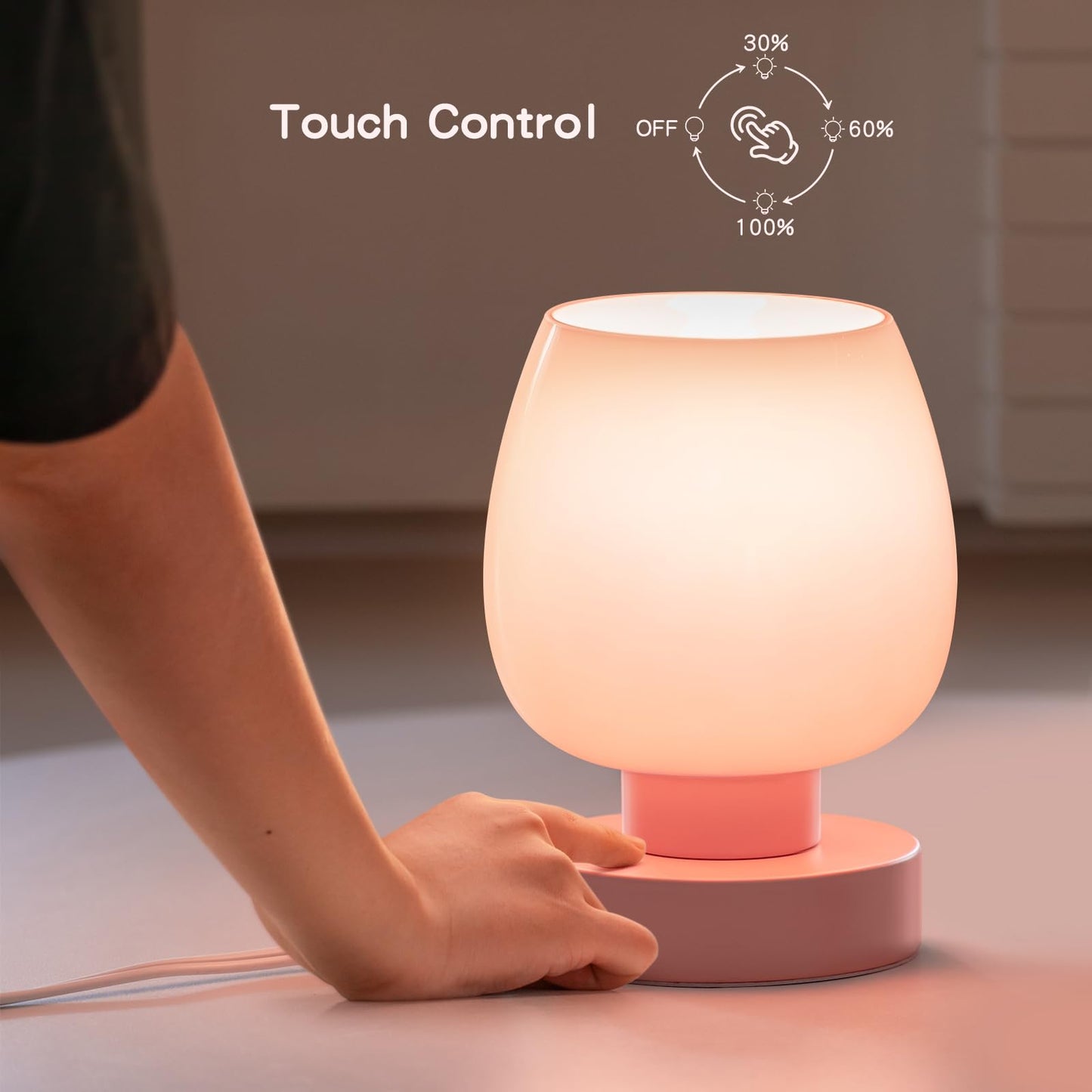 ONEWISH Touch Bedside Table Lamp - 3 Way Dimmable, Glass Shade, USB Charging, Pink, Model 13TAB052USC