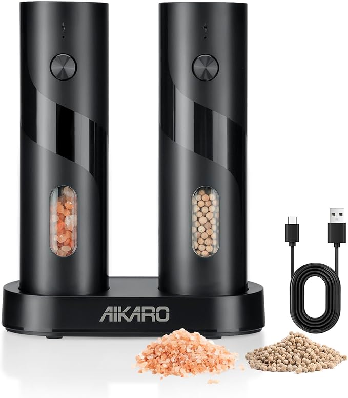 AIKARO - Electric Salt and Pepper Mill Automatic Spice Grinder, Rechargeable (Set)