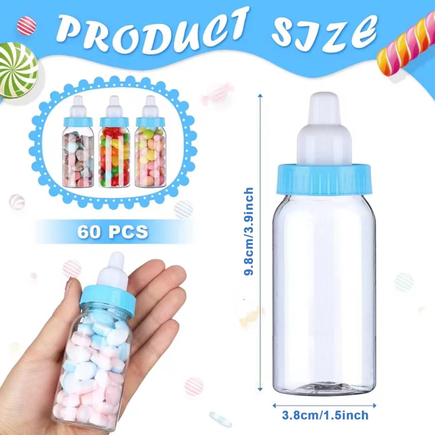 PINKXHY 60 Pcs 4.5 Inch Baby Mini Milk Bottle Baby Shower Favor Fillable Feeding Bottle Candy Box Small Plastic Candy Container DIY Gift for Boy Girl Newborn Baptism Party Decor (Blue)