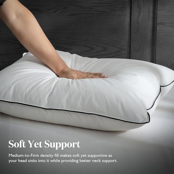 BPC Luxury Feather Down Pillow Standard Size Set of 2 - Medium-Firm Feather Pillow, 3-Chamber Organic Cotton Cover Bed Pillow Inserts, Wrapped in Polyester, 20x26 Inches