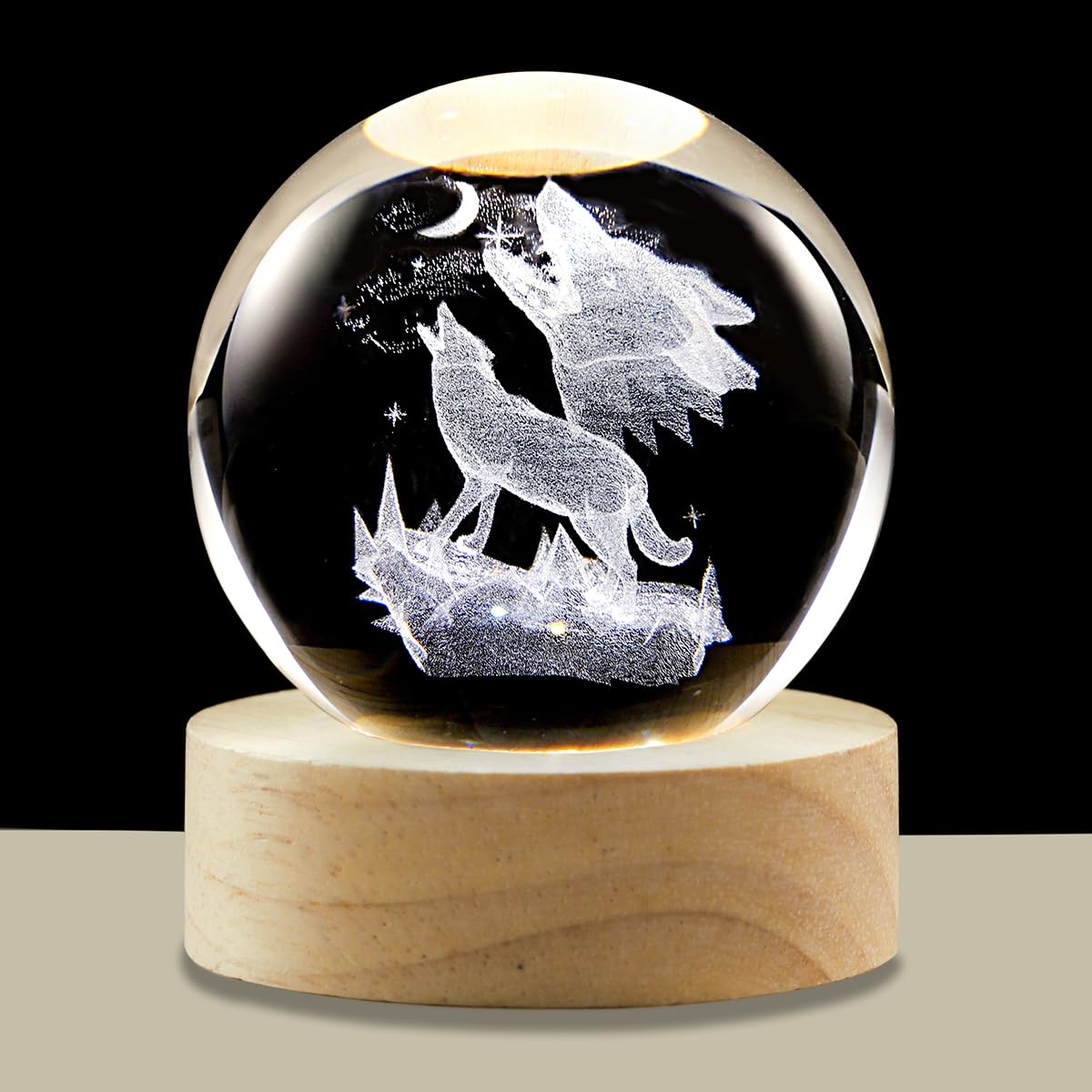 Hochance 3D Wolf Crystal Ball Lamp With Adjustable Brightness Led Wooden Base Night Light For Kids Teens mature-themeds Birthday Gift Home Desk Office Bedroom Decor (6Cm / 2.4 )