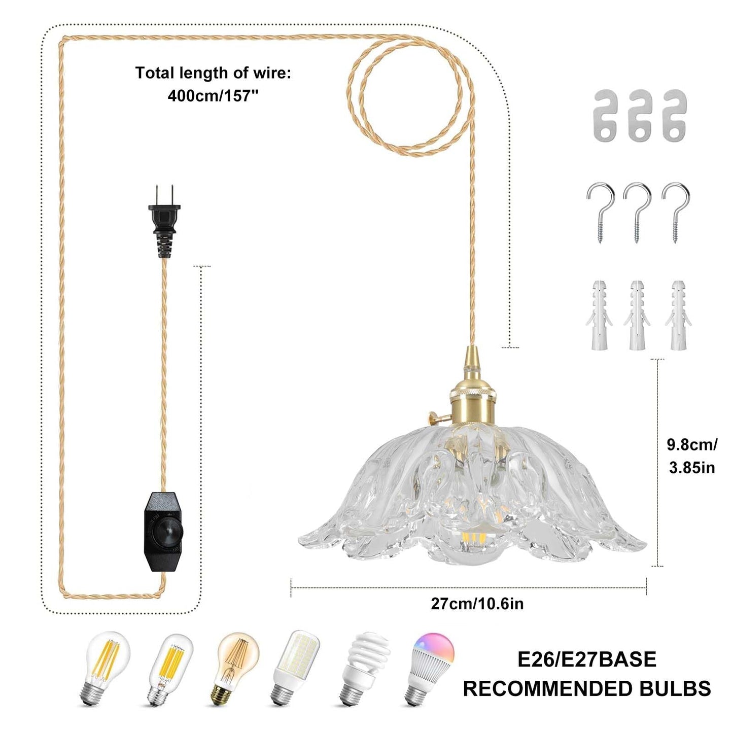Loiogohot Plug In Pendant Light Fixtures Hanging Light Fixture Transparent Glass Pendant Light 10.6In E26 Pendant Lighting For Kitchen Island  Bedroom  Dining Room  Living Room