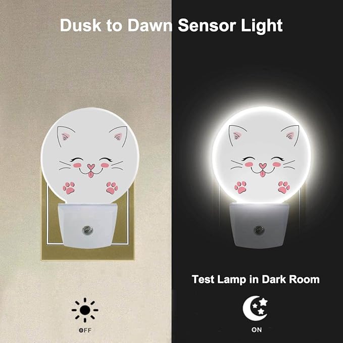 EKOBLA Happy Cat Night Light Cute Animal Kitten with Pink Paw Flurry Ears Night Lights Plug into Wall LED Lamp Dusk to Dawn Sensor for Boys Girls Bathroom Bedroom Decorative LED Lamp