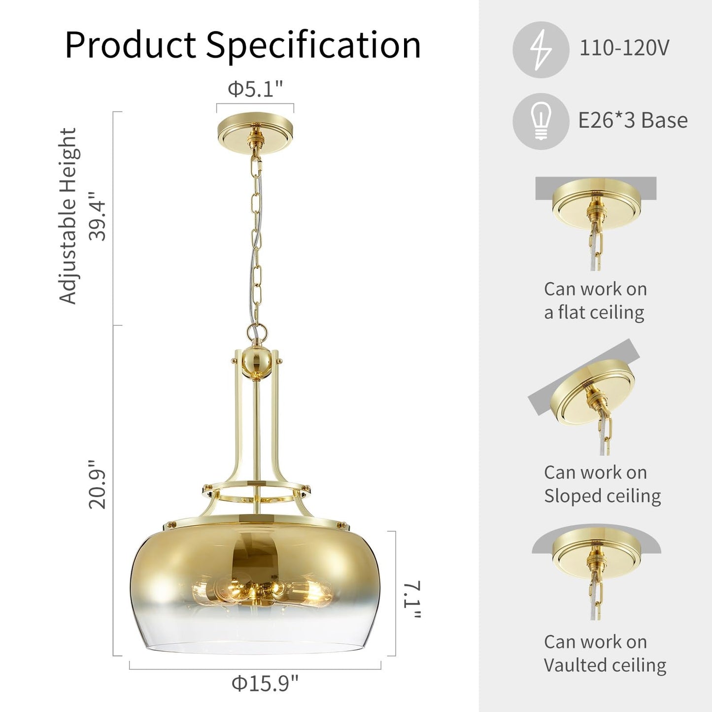 WUZUPS Gold Chandelier Pendant Light Fixture, 3-Light, Gradient Glass Shade, H 20.9in W 15.9in, Model USHD30308PB