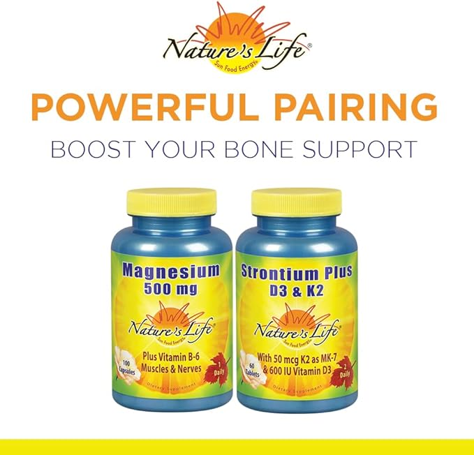 Nature's Life Strontium Plus Vitamins D3 & K2 | Bioavailable Formula May Help Support Healthy Bone Density & Joint Health | 60 Tablets