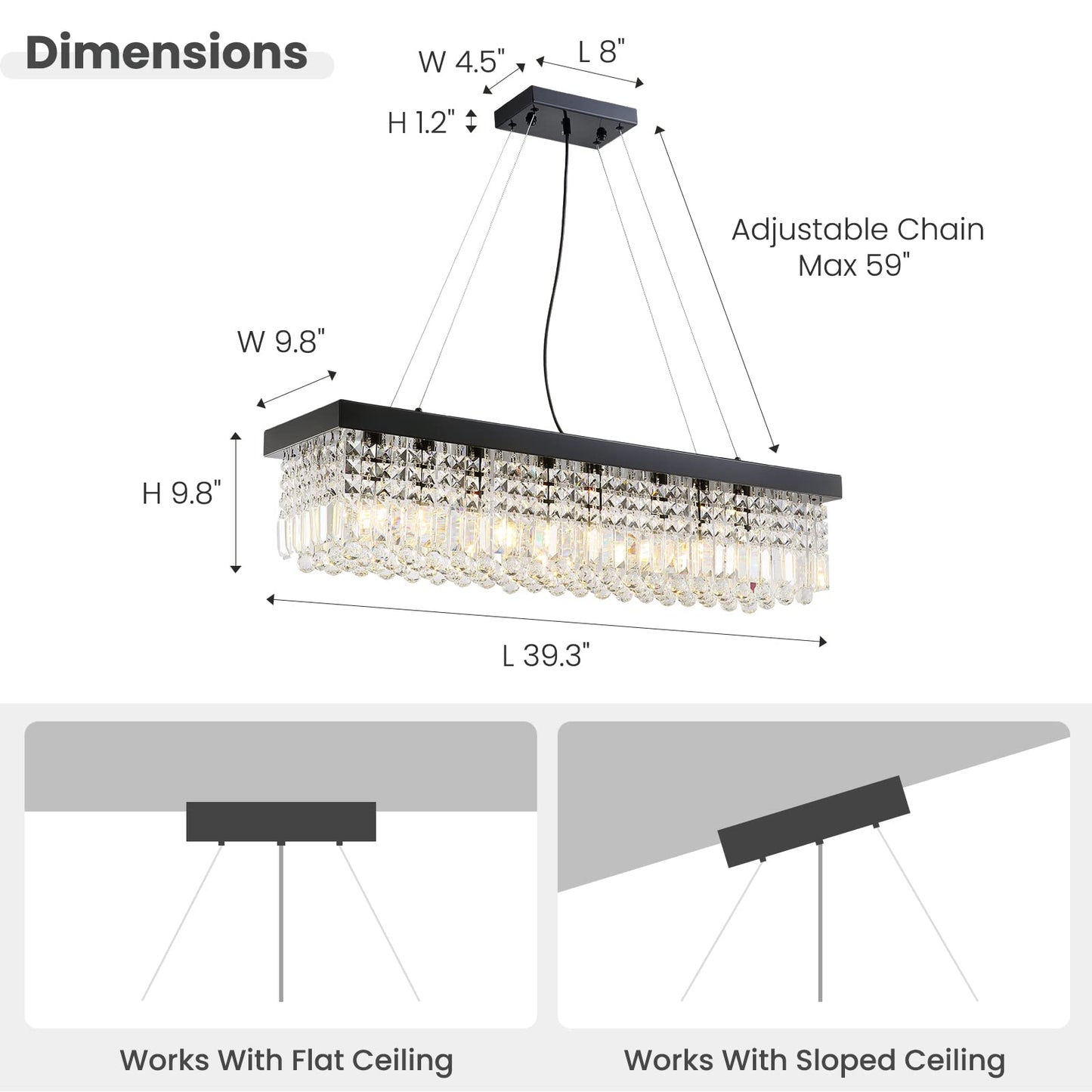 7Pm K9 Crystal Chandelier - Modern Rectangular Pendant Lighting, L40 X W10 X H10, Black Stainless Steel, Model Cl010842