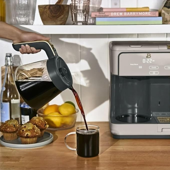 Beautiful by Drew Barrymore Multi-Brew Coffee Maker, 12-Cup Carafe + Single-Serve, Pods or Grounds, Over Ice, Touch Display. (Porcini Taupe)