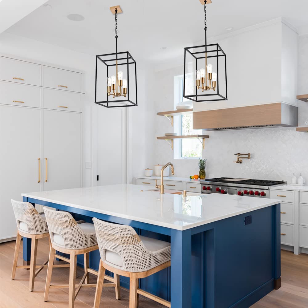 VINLUZ Retro Chandelier 4 Light Metal Square Cage Pendant Lighting Black & Brass Finish for Dining Room & Kitchen Island 270-4BB