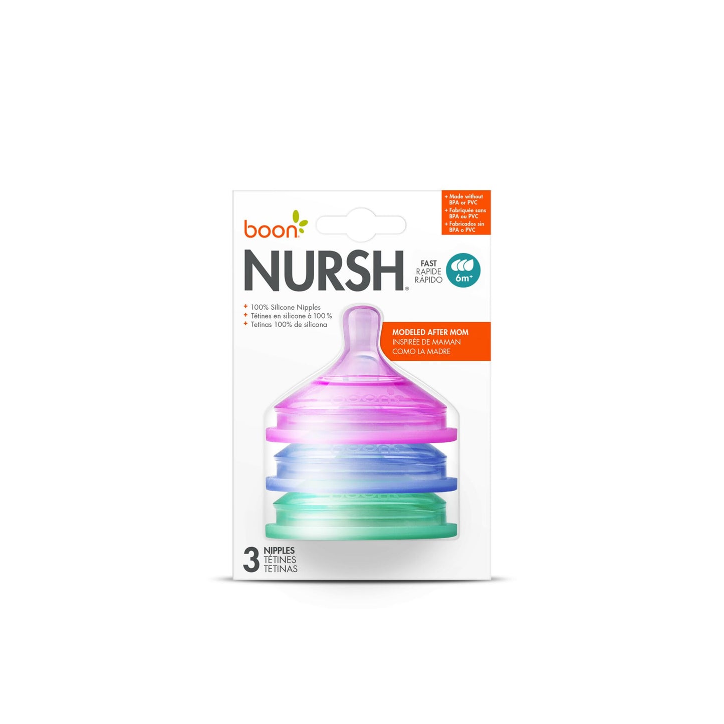 Boon Nursh Platinum Food-Safe Silicone Baby Bottle Nipples - Fast Flow - Baby Bottle-Feeding Supplies Fits All Boon Nursh Bottles - Colorblock - 3 Count - Ages 6 Months and Up