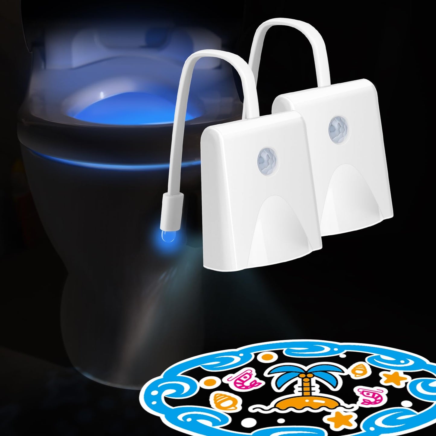 LAVAED Motion Sensor Night Light LED Toilet Bowl Light, 16 Color Changing, Rechargeable, Waterproof, 2 Pack