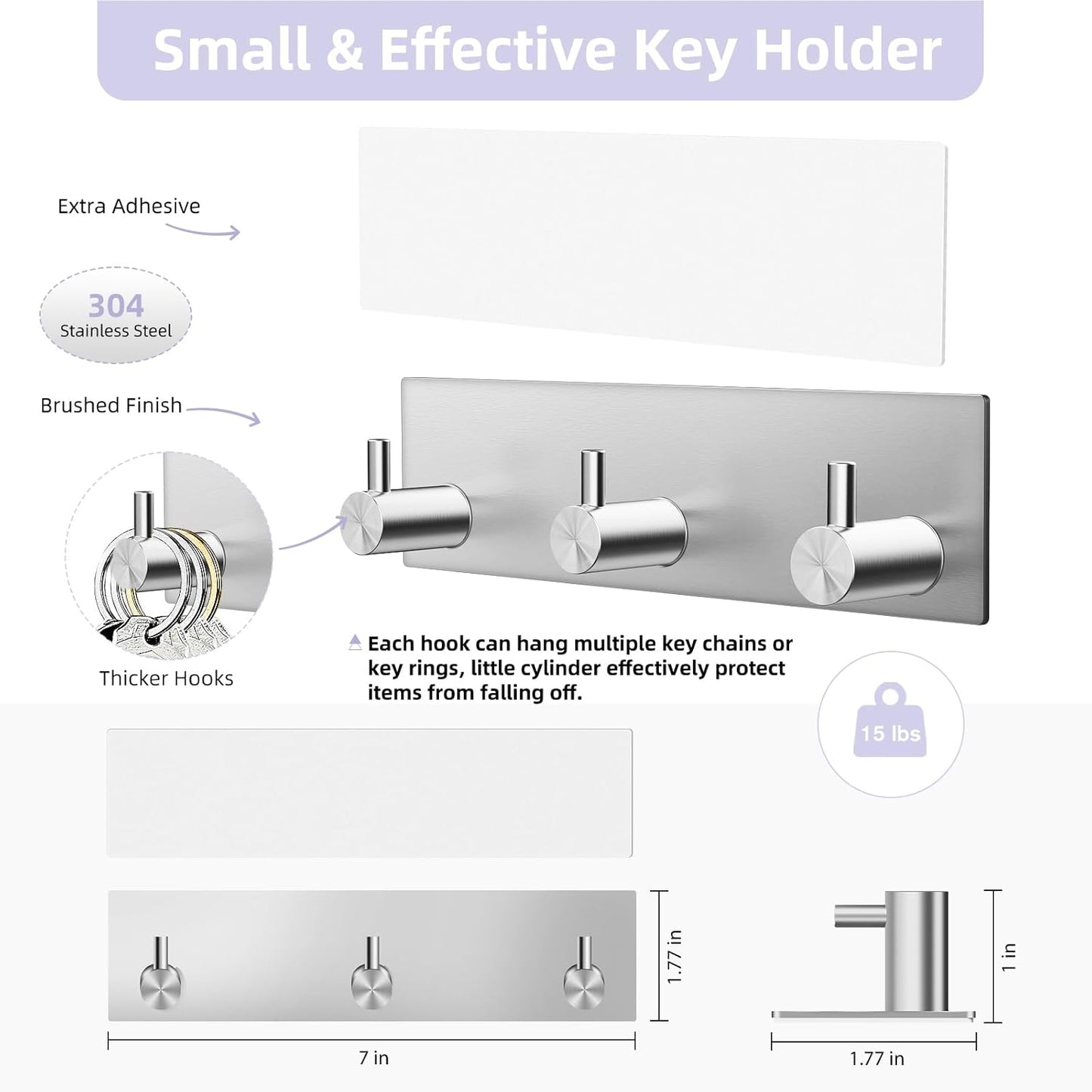 VIS'V Key Holder Wall Mount, Small Metal Self Adhesive Key Hanger with 3 Hooks, No Drilling, Extra Adhesive Strip, Silver