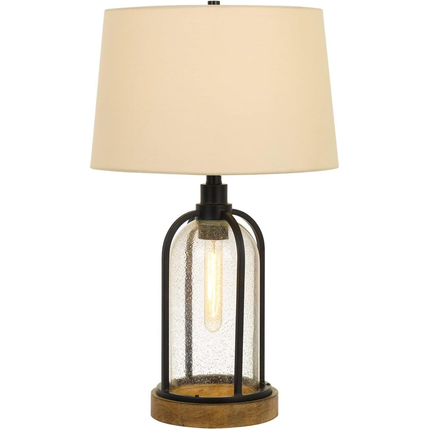 Cal 100W Table Lamp with 25W Night Light, Metal/Pine Wood, Black/Wood, Model BO-2840TB, Edison Bulb Included
