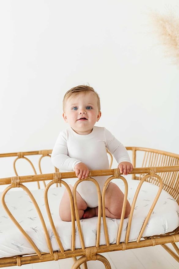 Ely’s & Co. Bassinet Sheets, Baby Boy Fitted Bassinet Mattress Sheet Set - 2 Pack, 100% Jersey Knit Cotton, fits Oval, Hourglass and Rectangle Mattress, 32”x16”x3” Blue Dragonflies + Stripes