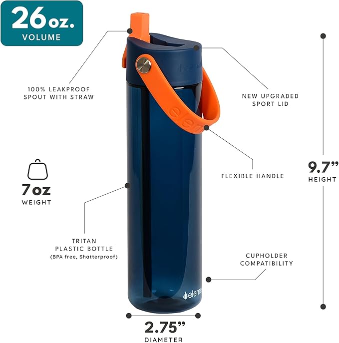 Elemental Splash Water Bottles - BPA-Free Tritan Plastic Reusable Water Bottle with Strap - Ideal for Gym and Sports Leak Proof when Spout is Closed - Orange & Marine Sunset - 26oz (2 Pack)