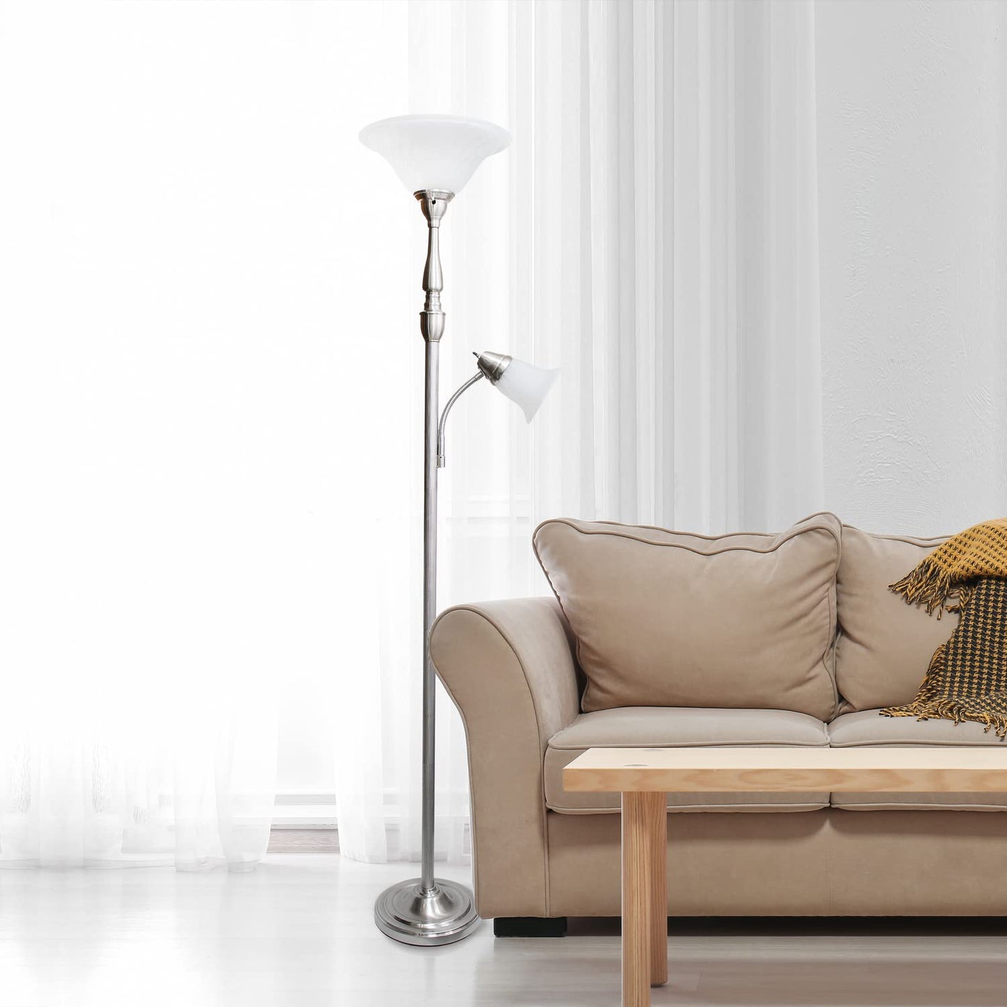 LALIA HOME Torchiere Floor Lamp with Reading Light, Marble Glass Shades, Brushed Nickel, Model LHF-3003-BN