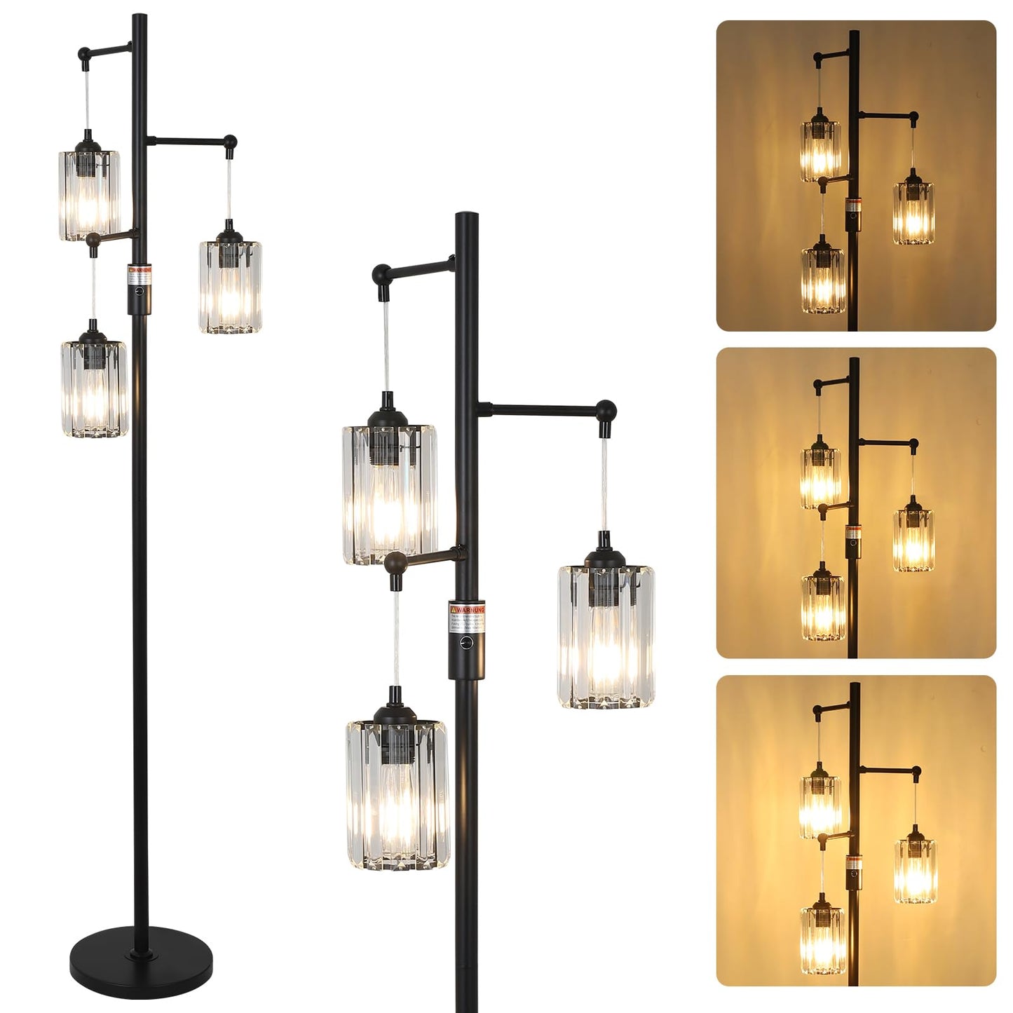 Stepeak Black Crystal Floor Lamp, 3 Lights Dimmable, 65in Tall, Industrial Design for Living Room, Model 250305C1