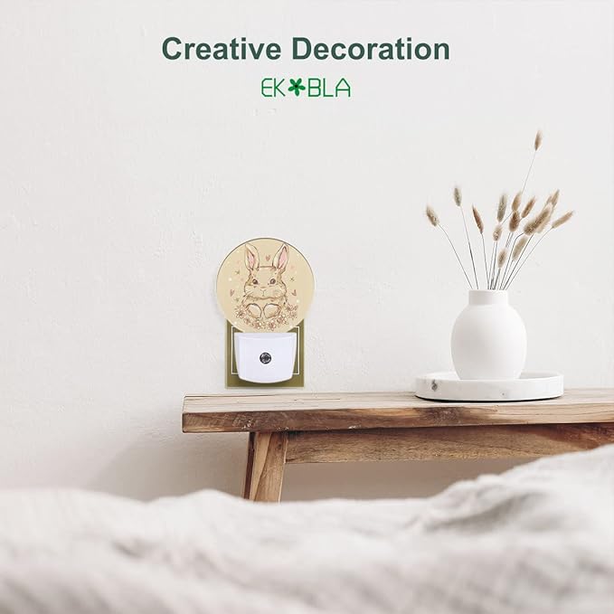 EKOBLA Easter Bunny Night Light Cute Animal Rabbit Hare with Butterfly Boho Plug-in Nightlights Auto Sensor Energy Efficient LED Lamp for Boy Girl Gifts