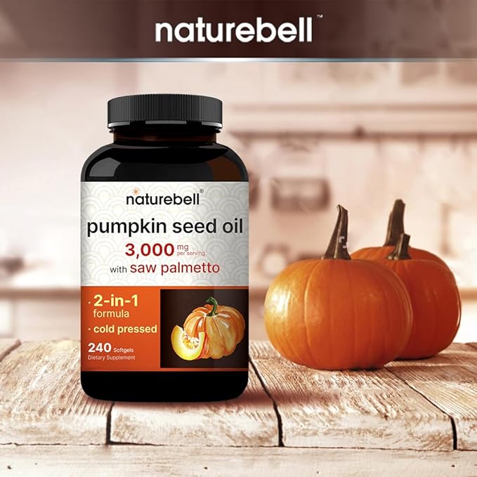 NatureBell Virgin Pumpkin Seed Oil 3,000mg Per Serving with Saw Palmetto, 240 Softgels | Cold Pressed – Rich in Omega 6 & 9 Essential Fatty Acids – Prostate & Bladder Supplements, Non-GMO