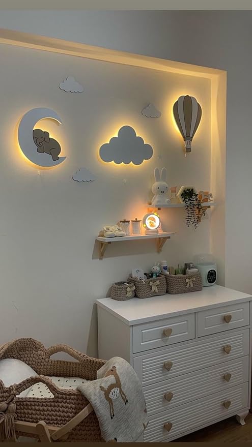 Dreamy Skies Nursery Wall Set – Elephant on Moon, Hot Air Balloon & Star Stickers Pink Style Girls Room Decor