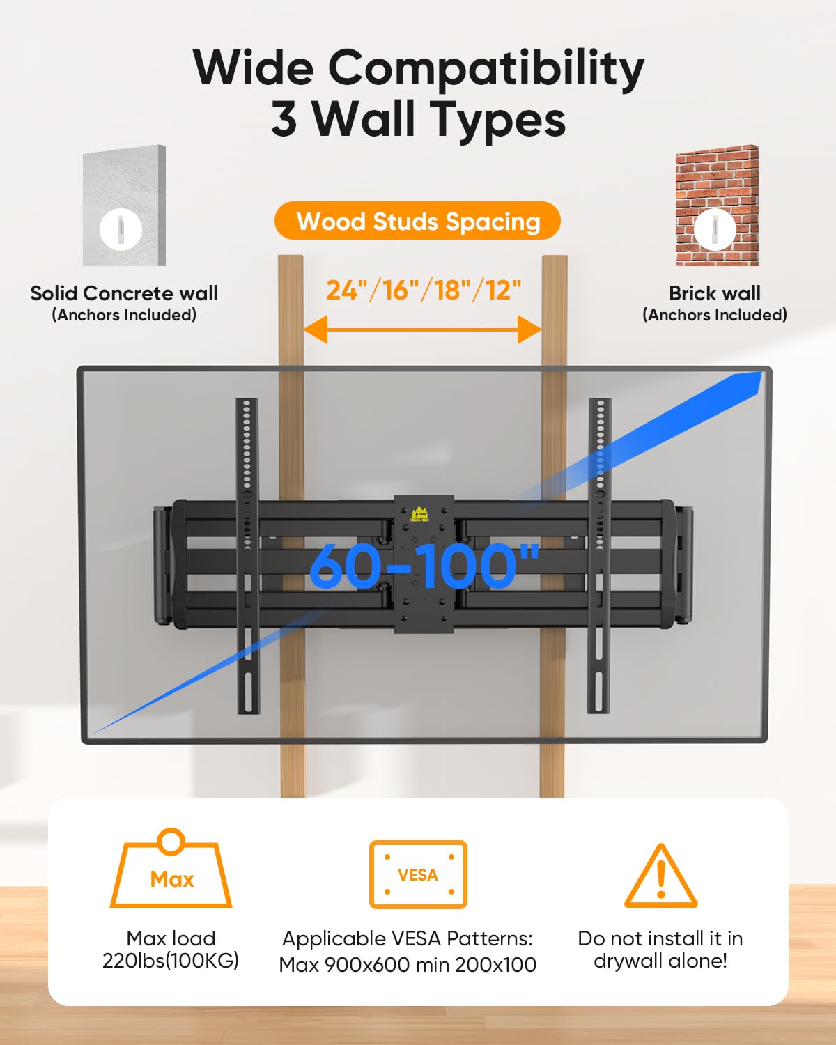 FORGING MOUNT Long Arm TV Wall Mount with 42.9 inch Extension and Power Strip for 60–110 Inch TVs, Heavy Duty Full Motion TV Mount,VESA 900x600mm,up to 220 lbs,Smooth Swivel, Tilt,16”-24” Wood Studs