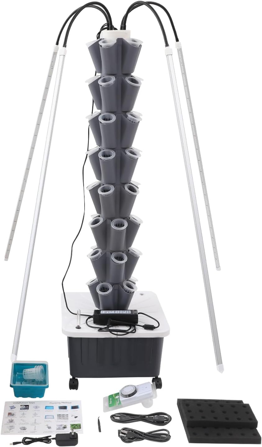 Hydroponic Tower, Vertical Planter Tower, 40 Planting Holes Water Planting Growing System Kit, Hydroponics Growing System Container with LED Grow Light for Herbs, Fruits and Vegetables