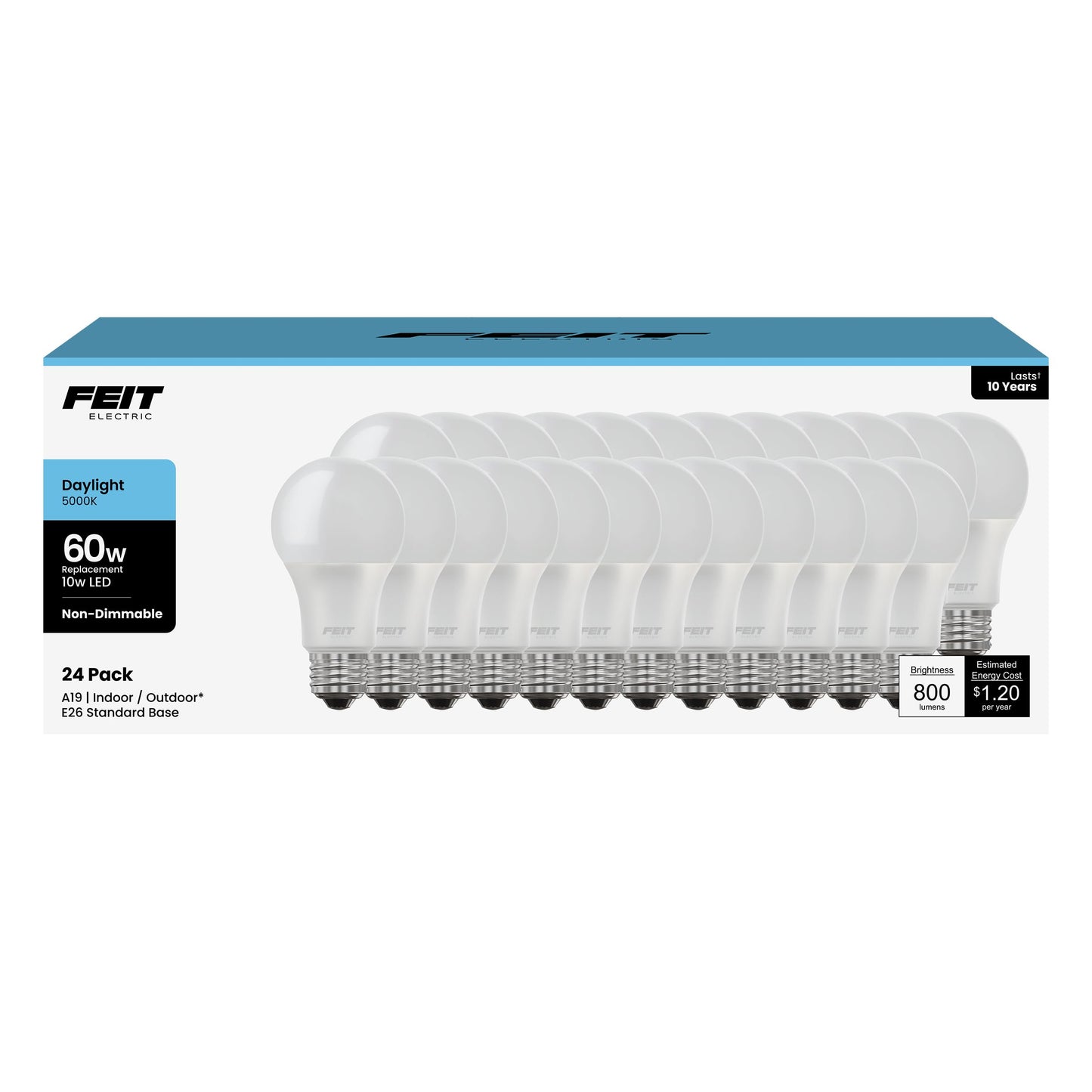 Feit Electric A19 LED Light Bulbs 60W Equivalent 800 Lumens 5000K Daylight 24 Pack E26 Standard Base