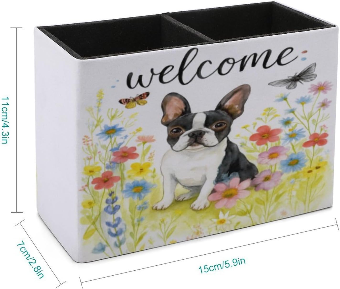 Welcome Dog Flowers Lether Pen Holder for Desk Makeup Brush Holder Office Organizer Desk Accessory for School Office