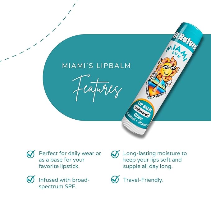 Miami Sun Natural Ghee Lip Balm, Hydrating Lip Treatment with Shea Butter & Beeswax, Organic & Non-Toxic, Best for Dry, Chapped Lips - Moisturizing, Healing, Chemical-Free Lip Repair (2 Pcs, Natural)