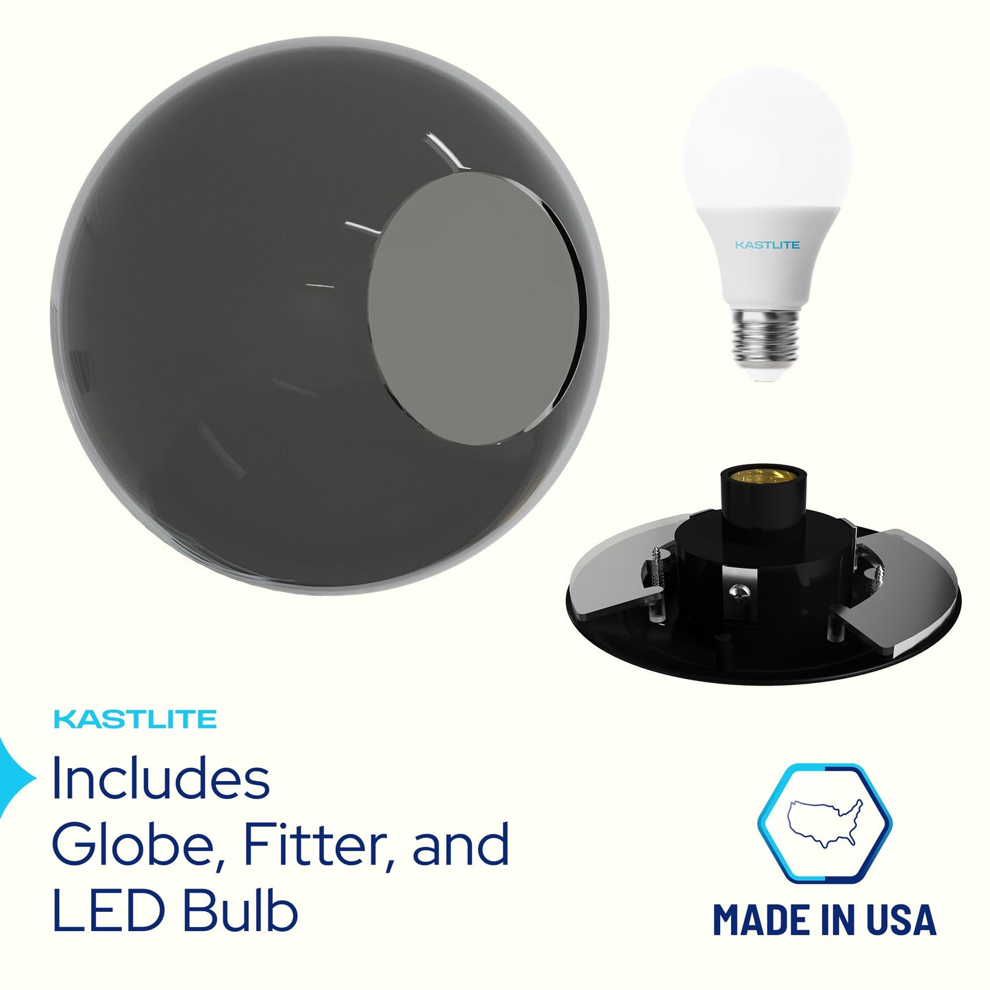 Kastlite 12 Outdoor Light Post Globe Combo  Fits 3 Posts - Neckless Smoke Acrylic Lamp Cover  Black Fitter Wing Clips  5000K Led Bulb - Driveway Yard Lamppost Lighting Fixture  Outdoor Pole Lights