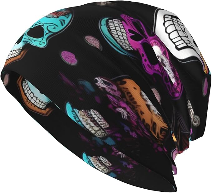Sugar and Skulls Style Print Beanie Hat for Men and Women Stretchy Slouchy Winter Warm Cap Headwear Accessory Black