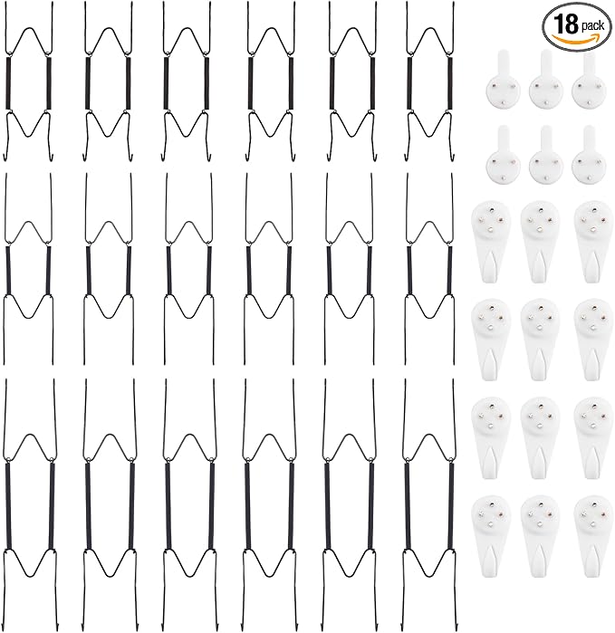 Bilillo 18-Piece Stainless Steel Wall Plate Hangers, 6/8/10 Inch Invisible Decorative Wire Plate Holders with 18 Pieces Wall Hooks for 5.5 to 10.5 Inch (Black)