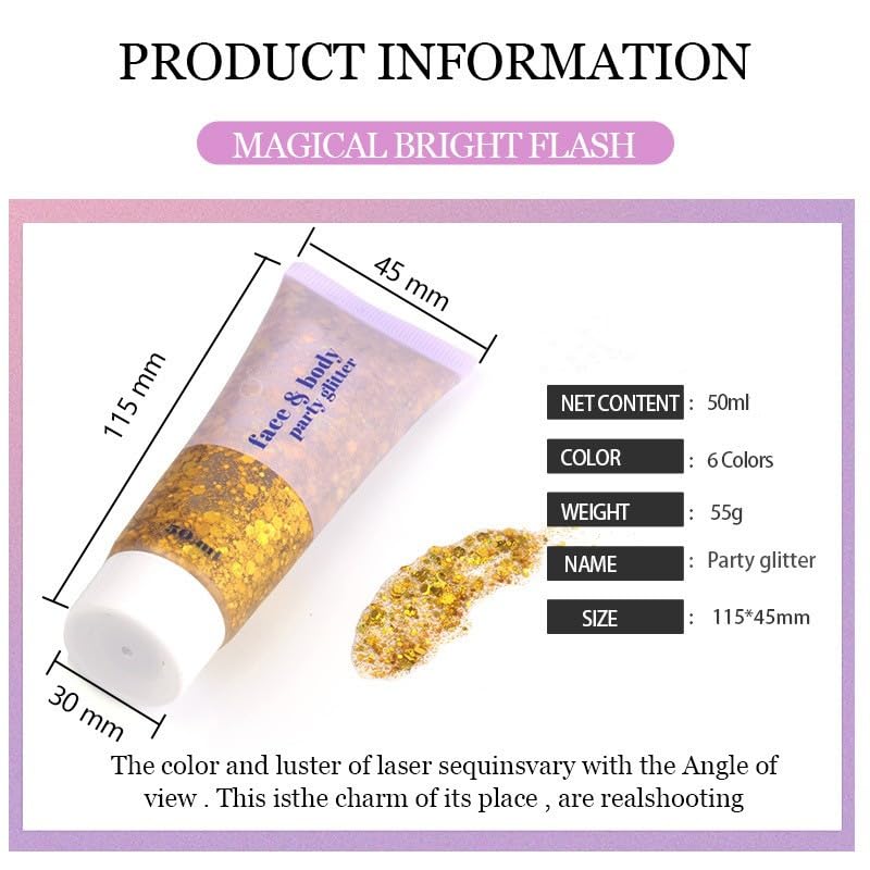 PAQIMAN Gold Body Glitter,Sparkling Neon Outfit Party Holographic Sequins Paint Body Glitter Gel Makeup. (02# Gold)