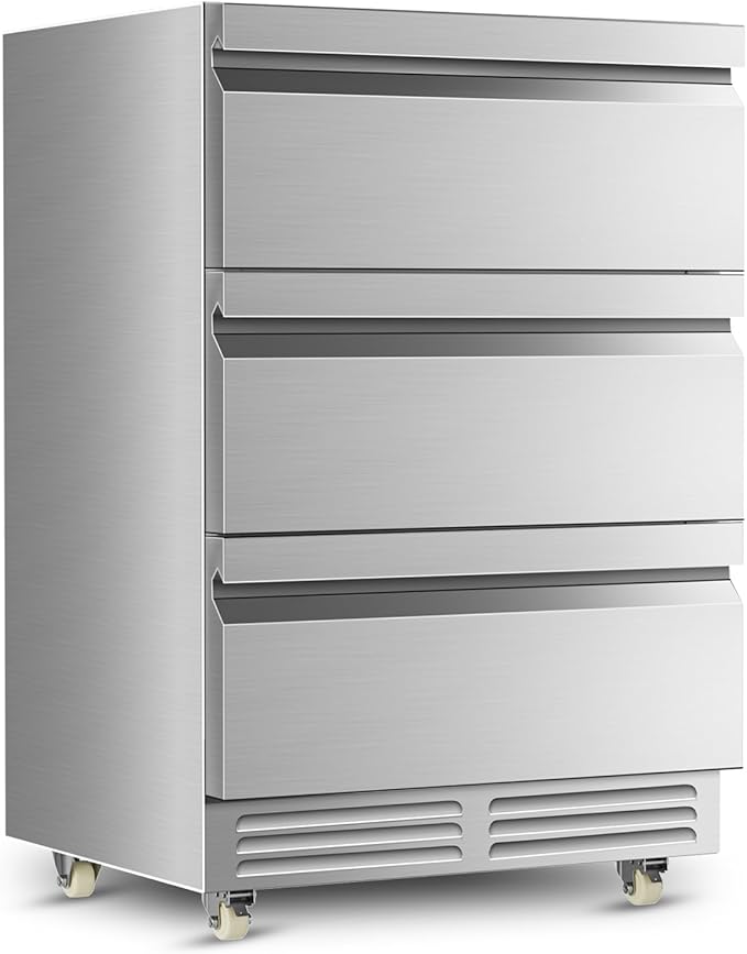 Outdoor 3 Drawers Beverage Refrigerator, 190 Cans 24'' Beverage Fridge with Wheels, Waterproof, All Stainless Steel, Undercounter or Freestanding, 37-64°f, Drink Fridge for Home, Patio & Commercial