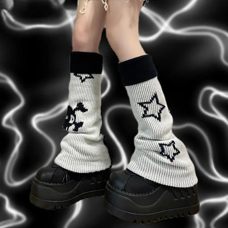 heyheyshine Y2k Star Skull Print Two Side Wear Knitted Leg Warmers Socks Punk Girls Japanese Kawaii Streetwear Leg Cover (Skull Star Flared, One Size)