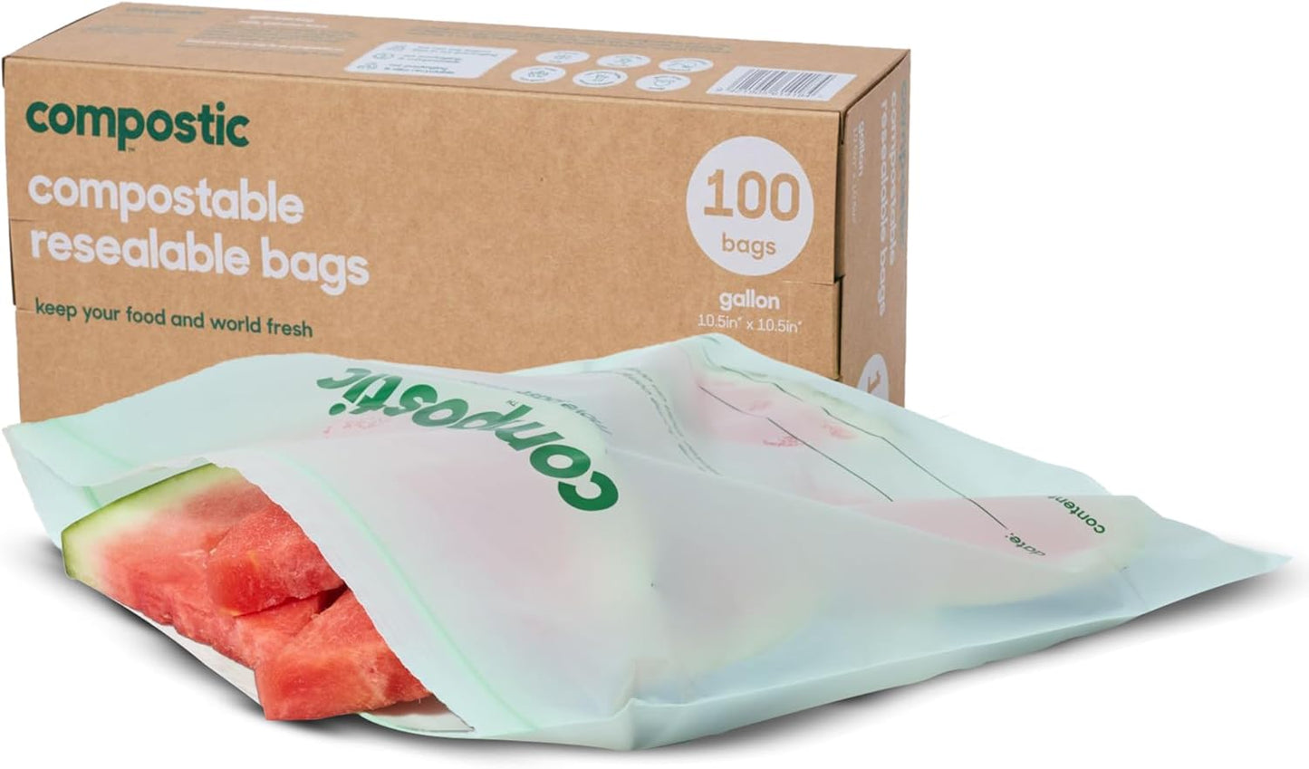 Home Compostable Resealable Gallon Bags (10.5"x10.5"), Microwave & Freezer Safe, Organic Food Storage Container, 100 Count (Pack of 1)