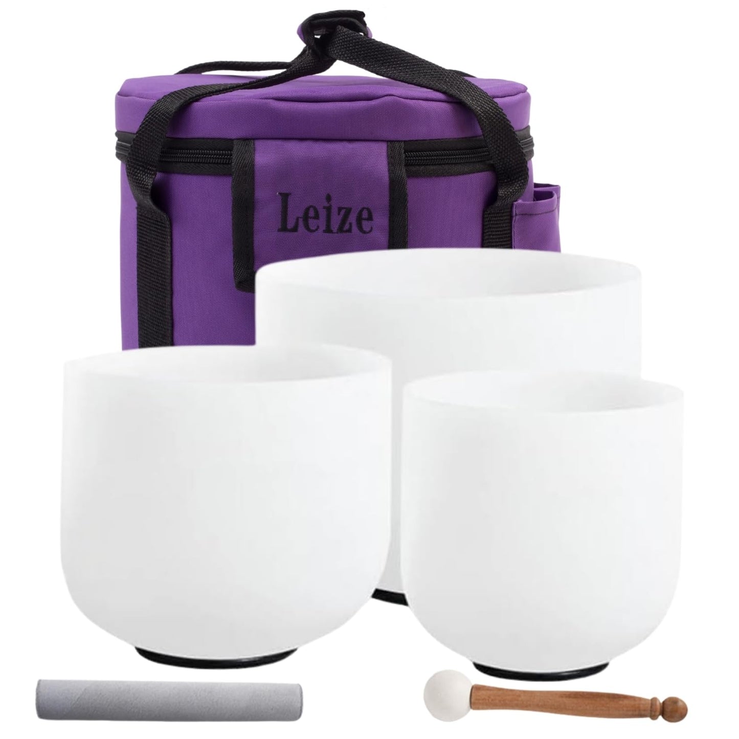 Leize Crystal Singing Bowl Tuned Quartz with Suede Striker Carry Case Bag, Set of 3 PCS 432HZ 6 B 7 G 8 F, Frosted White