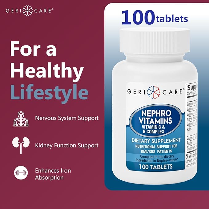 GeriCare Nephro Vitamin C & B Complex Tablets, 100 Count – Daily Kidney Health & Energy Support, Immune System Boost, Antioxidant Protection & Metabolism Support (Pack of 1)